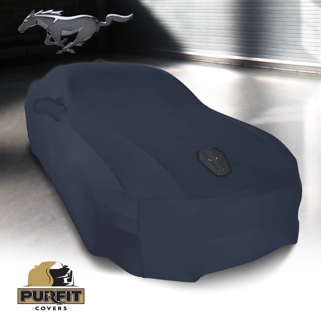 2024-2025 Ford Mustang DARK HORSE Coupe 2 mirrors + Aerial + Rear Wing Purfit Indoor Dark Blue Custom Car Cover with Dark Horse Logos
