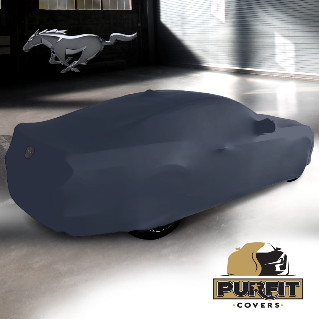 2024-2025 Ford Mustang DARK HORSE Coupe 2 mirrors + Aerial + Rear Wing Purfit Indoor Dark Blue Custom Car Cover with Dark Horse Logos